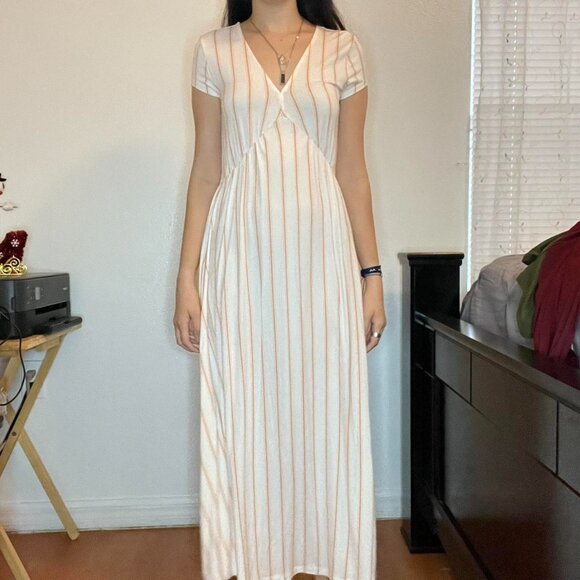 Forever 21 Striped Short Sleeve Maxi Dress White & Marigold – Women’s Sz M - Picture 1 of 7